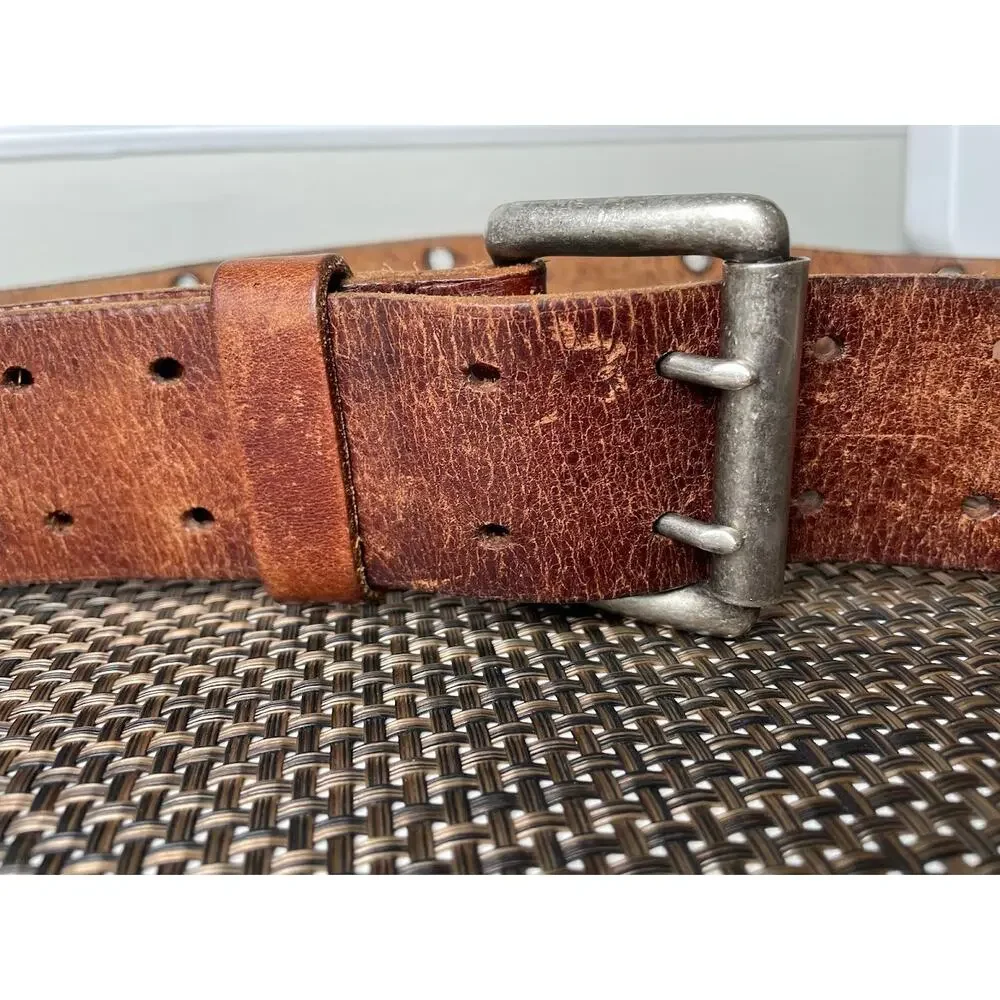 American Eagle Brown Leather Belt Wide 2 Prong Rustic Western Silver Buckle Lrge
